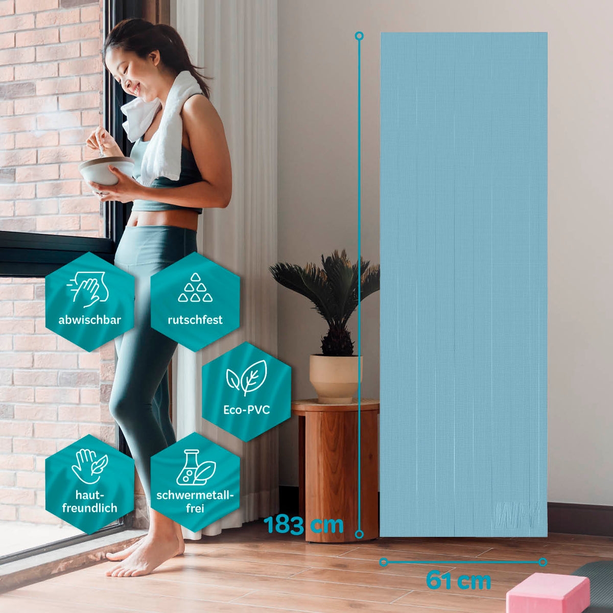 Yogamatte Kirana - 183 x 61 x 0,4 cm - Kiesel, weiche, rutschfeste Trainingsmatte aus hautfreundlichem, phthalatfreiem ECO-PVC, abwischbar.