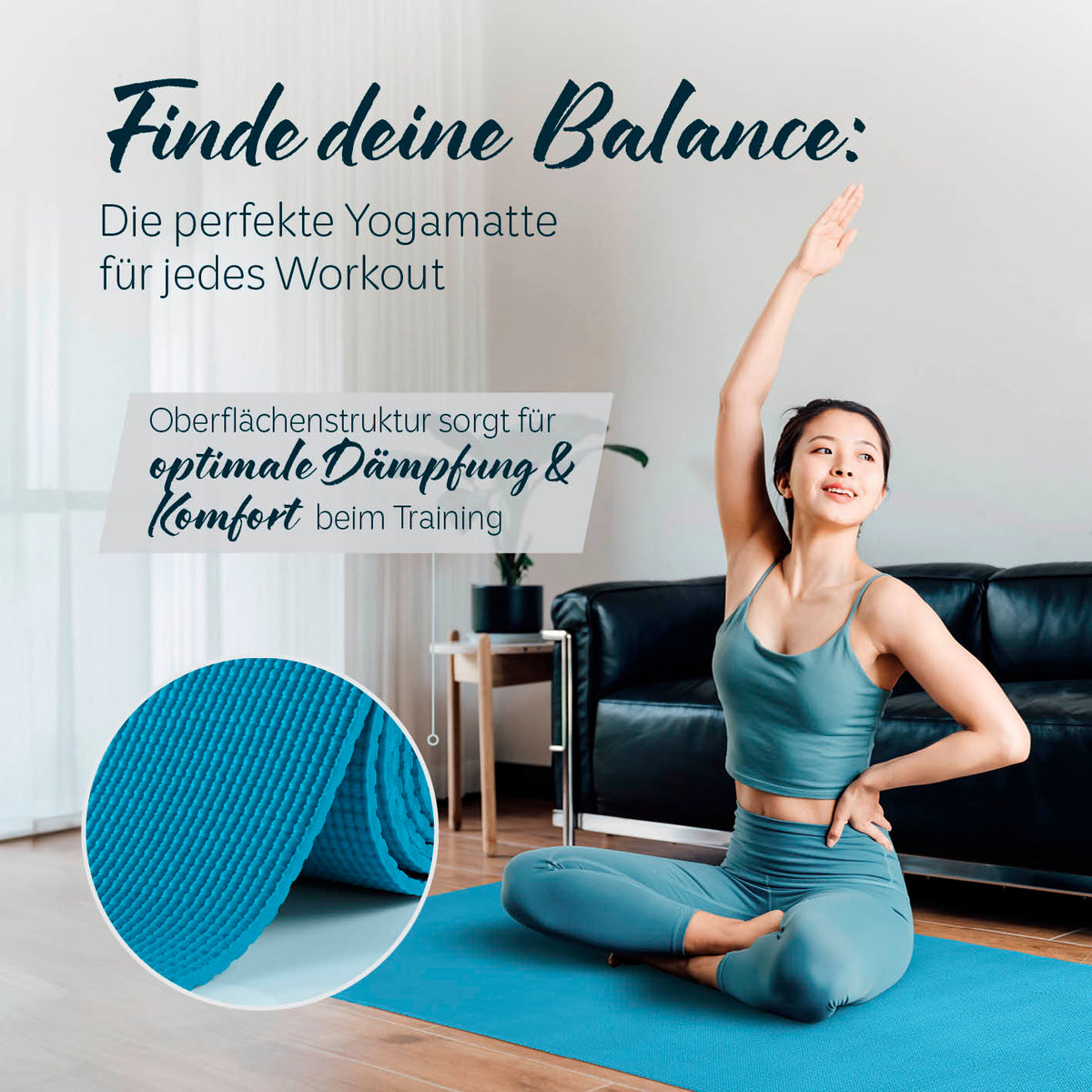 Yogamatte Kirana - 183 x 61 x 0,4 cm - Petrol mit weicher Oberfläche für optimale Dämpfung und Komfort beim Training.