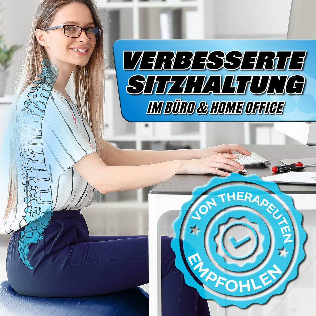 Gymnastikball inkl. Ballpumpe - Fitness Sitzball - Blau - 65 cm für verbesserte Sitzhaltung im Büro und Home Office empfohlen von Therapeuten.