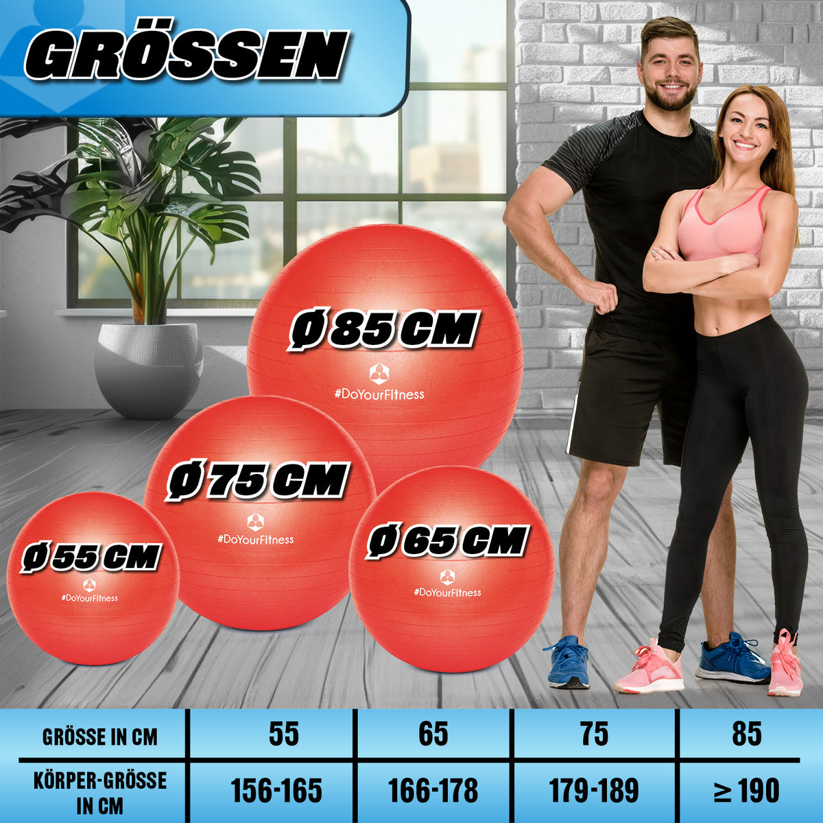 Gymnastikball inkl. Ballpumpe - Fitness Sitzball - Rot - 65 cm mit Größenübersicht und sportlich gekleideten Mann und Frau.