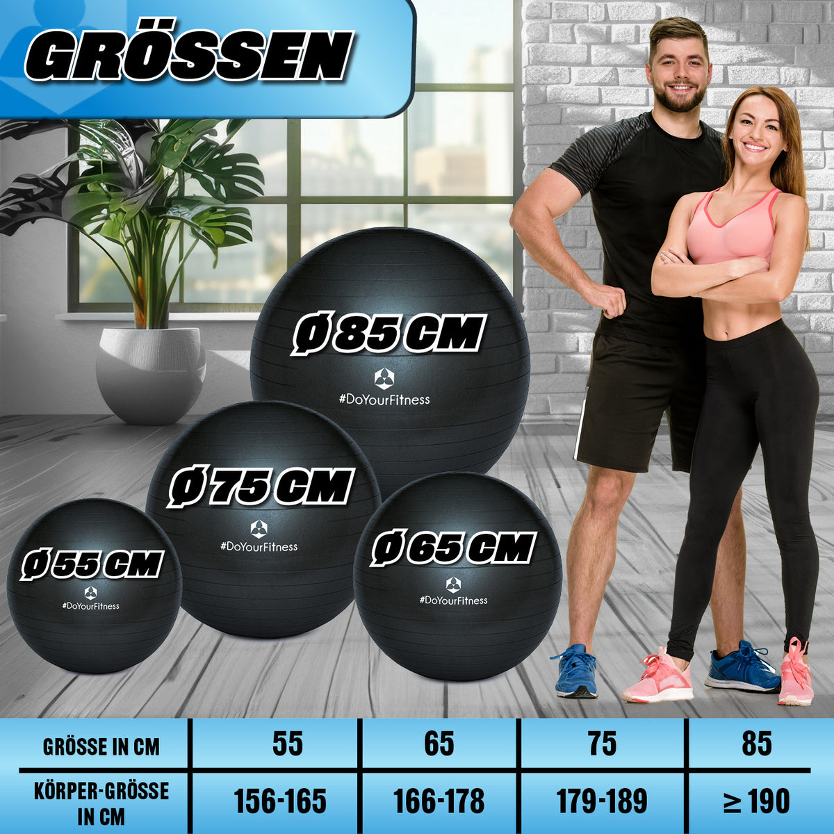 Gymnastikball inkl. Ballpumpe - Fitness Sitzball - Schwarz - 55 cm mit Größenvergleich und Anwendungstipps für unterschiedliche Körpergrößen.