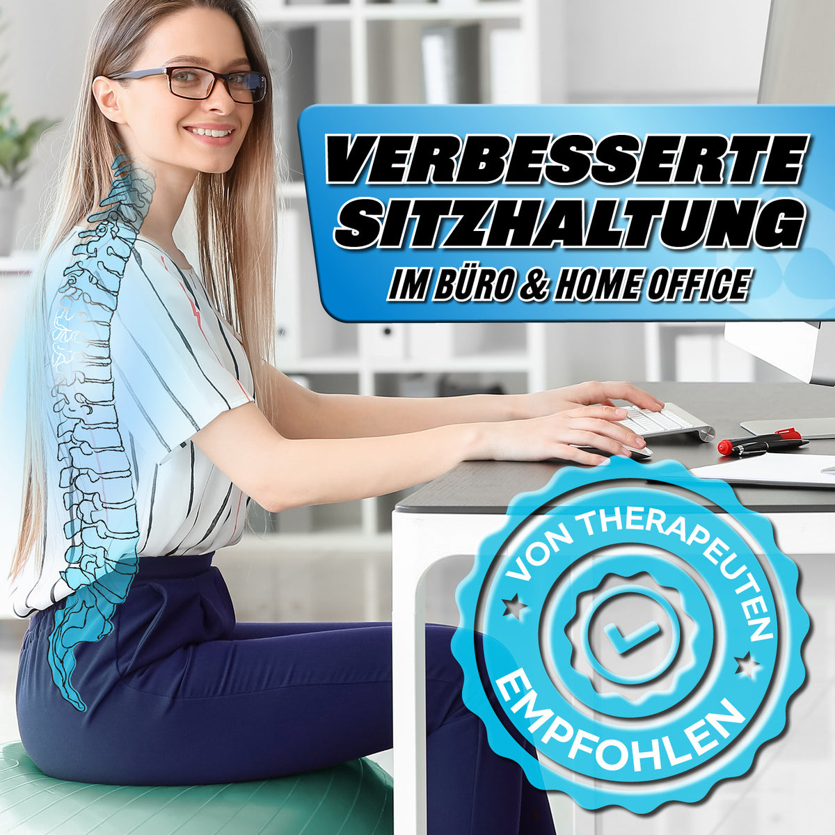 Frau sitzt auf Gymnastikball inkl. Ballpumpe - Fitness Sitzball - Türkis - 85 cm für verbesserte Sitzhaltung im Büro.