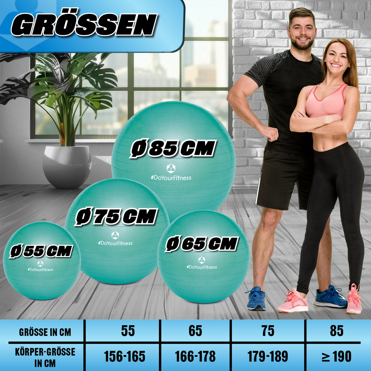 Gymnastikball inkl. Ballpumpe - Fitness Sitzball - Türkis - 85 cm mit Größenübersicht und sportlichen Modellen vor Fenster.