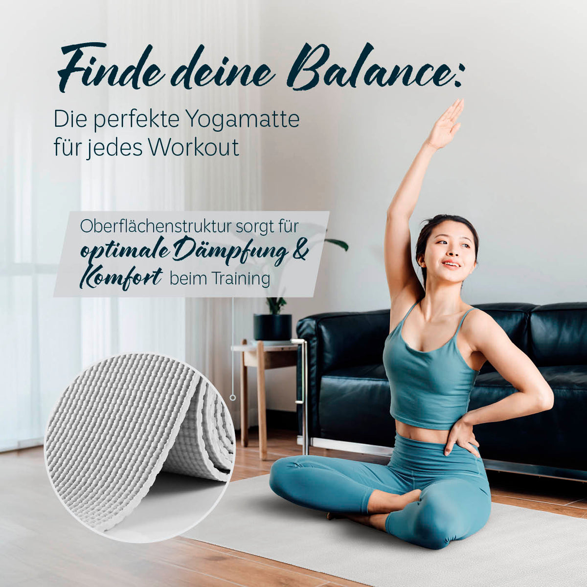 Yogamatte Kirana - 183 x 61 x 0,4 cm - Weiß mit weicher Oberfläche für besten Halt und Komfort beim Yoga und Workout.