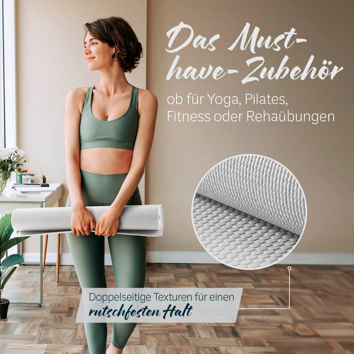 Yogamatte Kirana - 183 x 61 x 0,4 cm - Weiß mit rutschfester, weicher Oberfläche für Yoga, Pilates und Fitness.