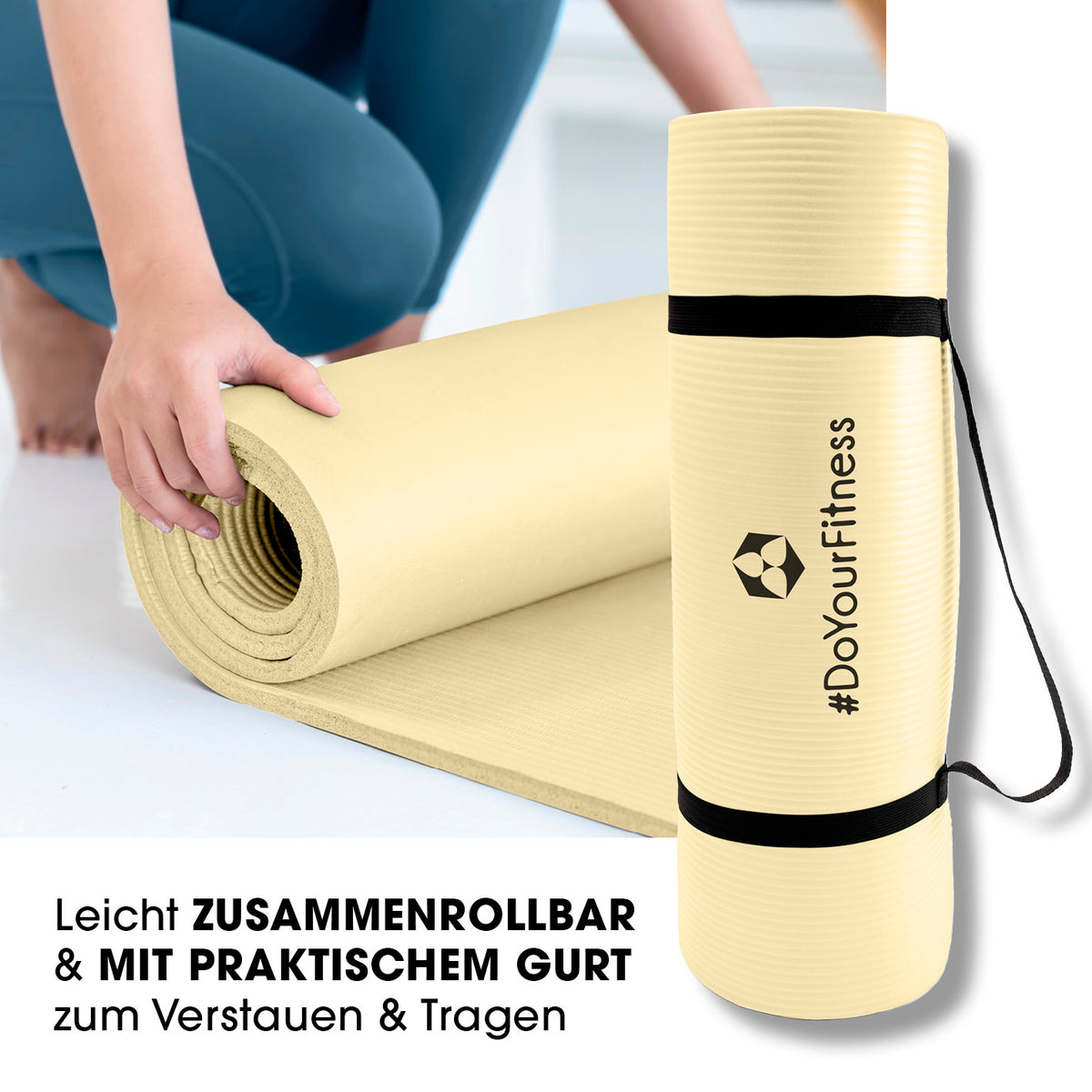 Fitness- und Gymnastikmatte - 183 x 61 x 1,5 cm - Hell Beige, rutschfest, robust, leicht zusammenrollbar mit praktischem Tragegurt.