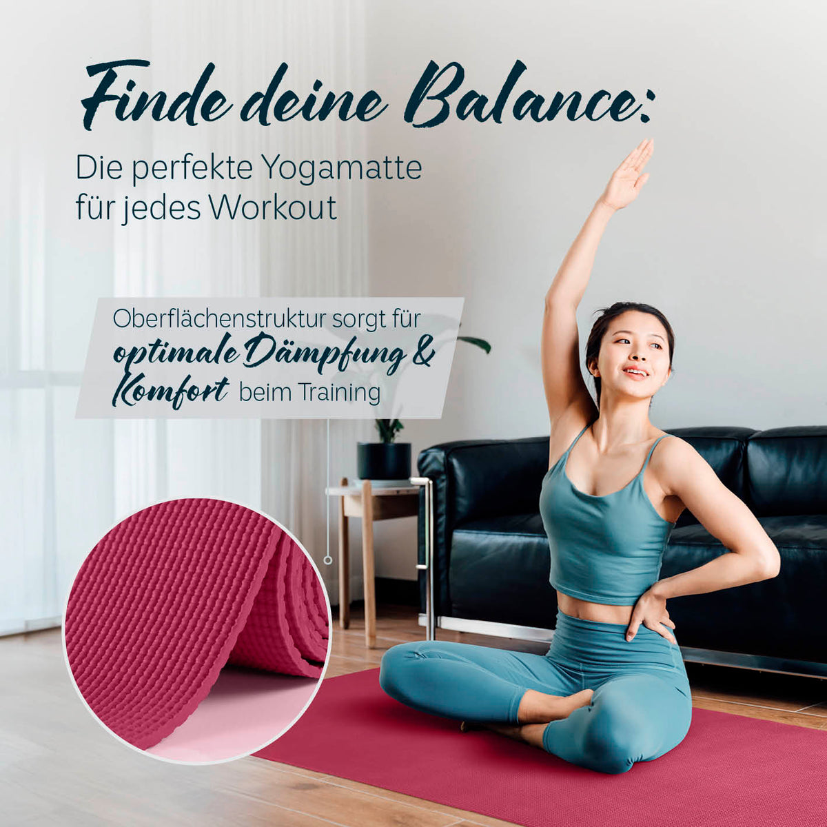 Yogamatte Kirana - 183 x 61 x 0,4 cm - Aubergine mit weicher Oberfläche für optimale Dämpfung und Komfort beim Training.