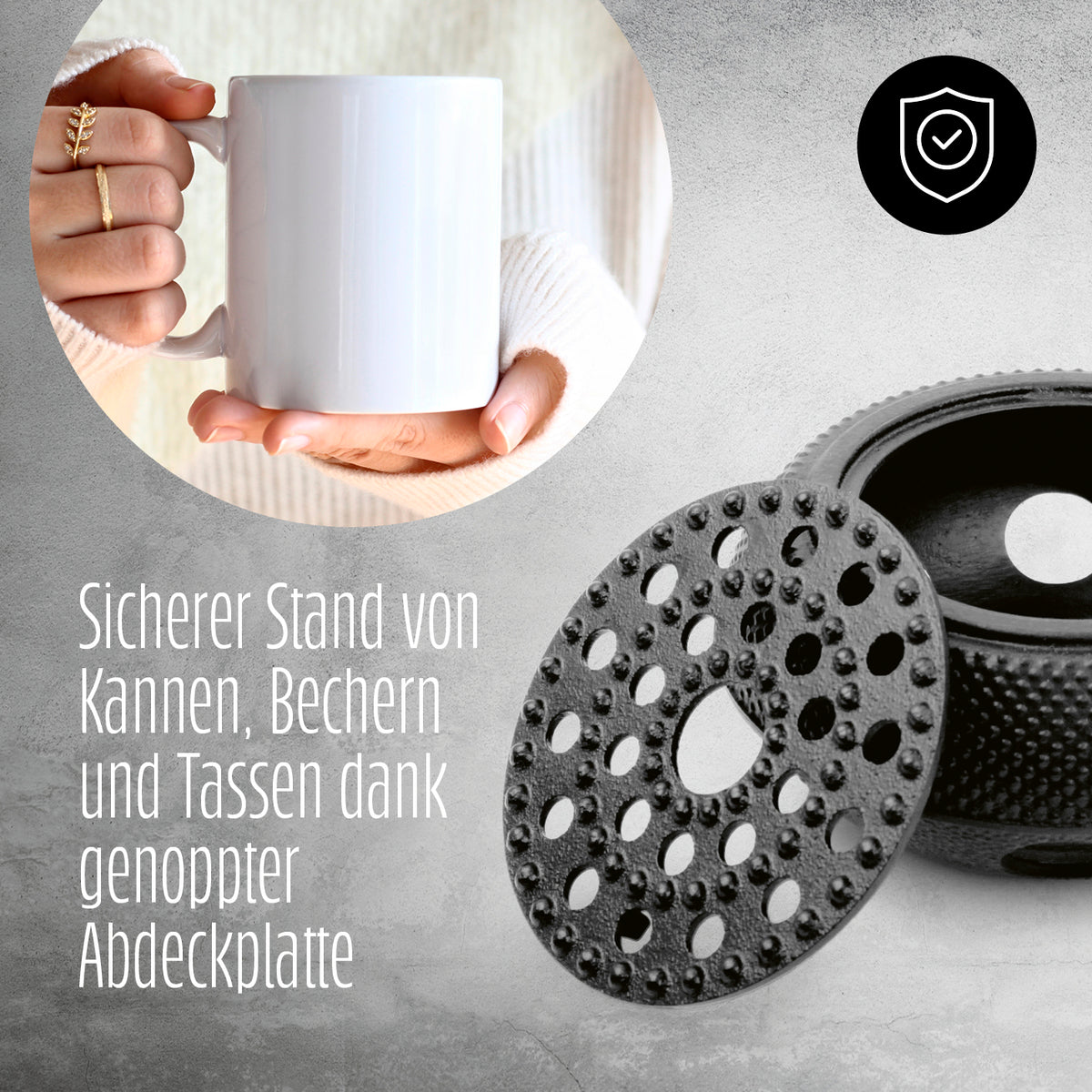 Stövchen aus Gusseisen - Teewärmer für Teekannen in Schwarz mit genoppter, feuerfester Abdeckplatte für sicheren Stand.