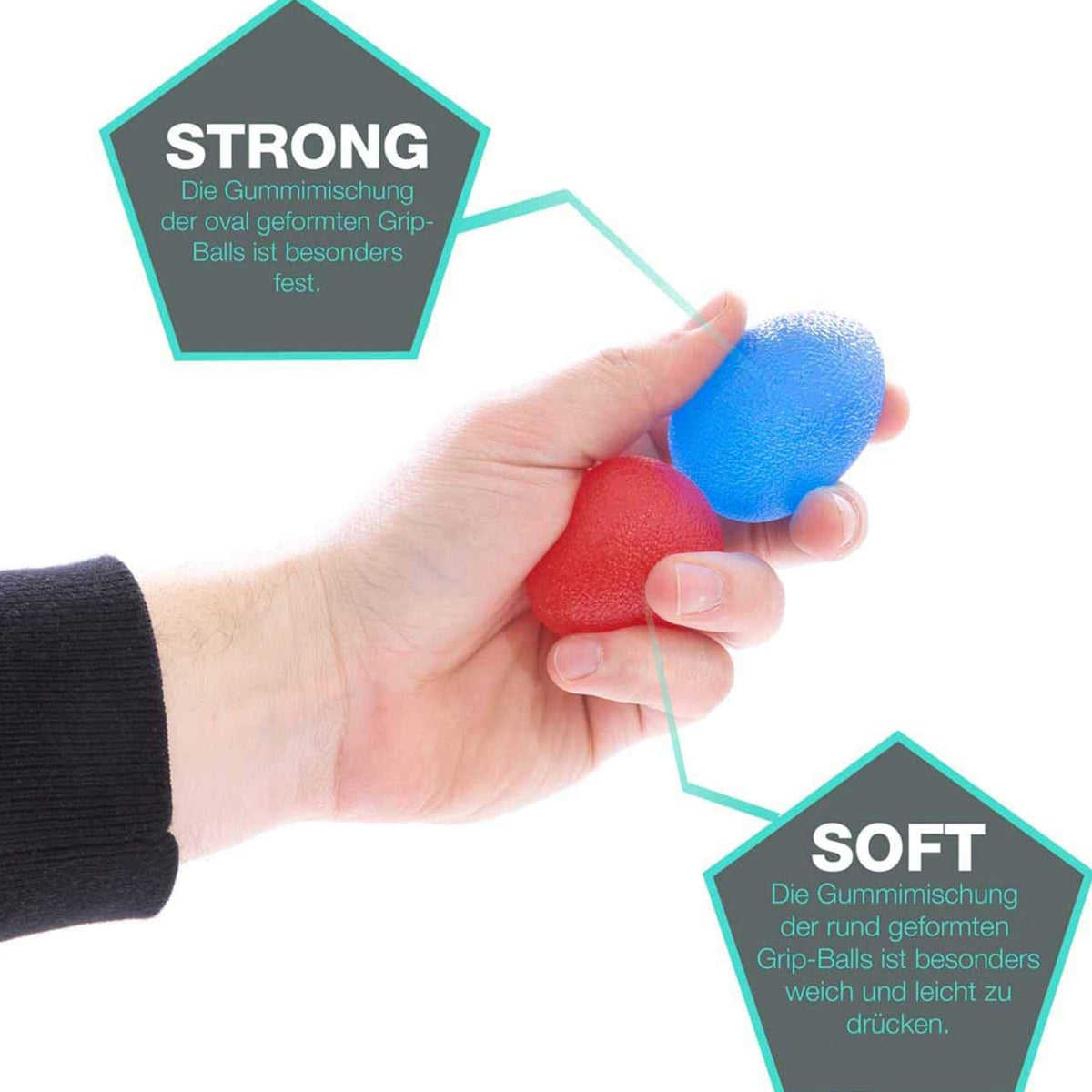 Handtrainer/Fingertrainer - Strong - Blau mit roten und blauen Griffbällen in der Hand zum Training der Fingerkraft