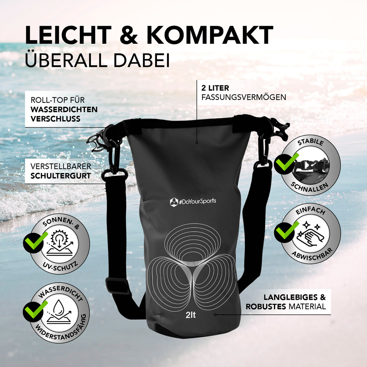 Dry Bag 2L - Schwarz mit wasserdichtem Rolltop, verstellbarem Schultergurt, UV-Schutz und robustem Material für Outdoor-Abenteuer.