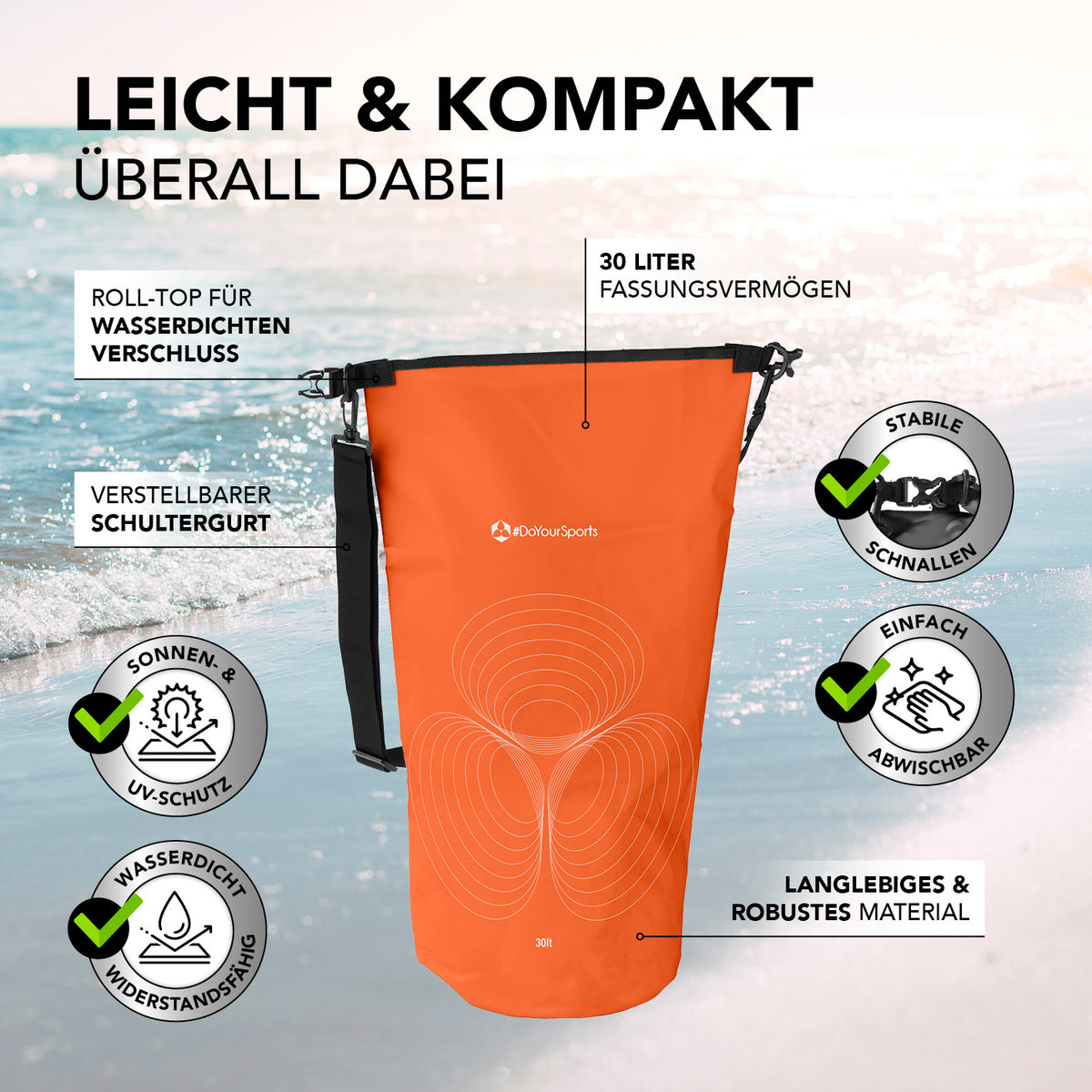 Dry Bag 30L - Orange wasserdichter, robuster Outdoor-Rucksack mit UV-Schutz, verstellbarem Schultergurt und Rolltop-Verschluss.
