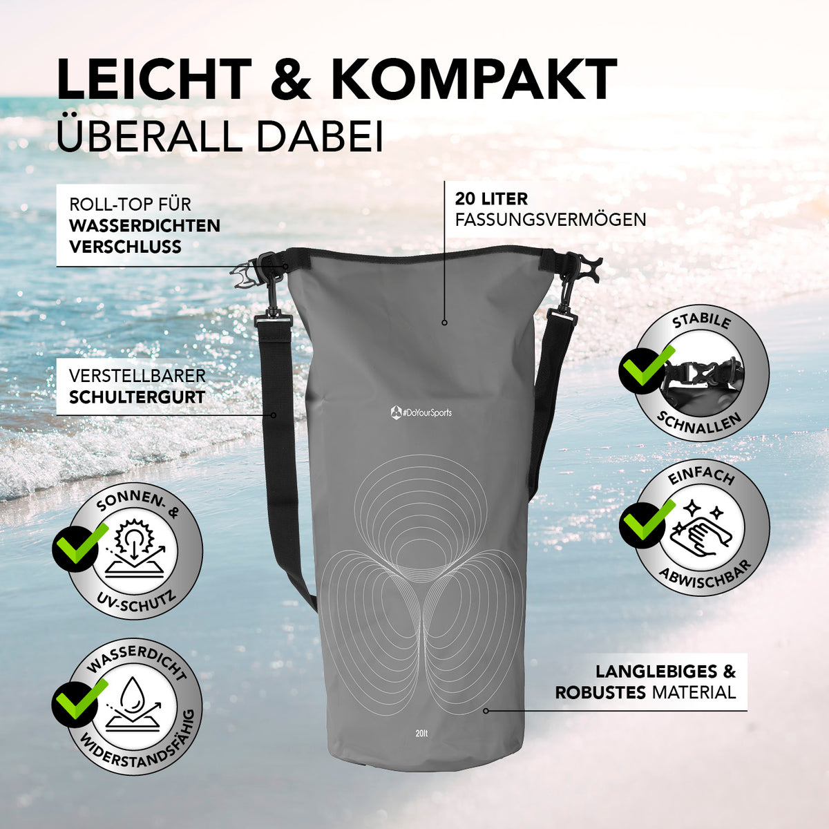 Dry Bag 20L - Grau mit wasserdichtem Rolltop, UV-Schutz, verstellbarem Schultergurt und robustem, langlebigem Material.