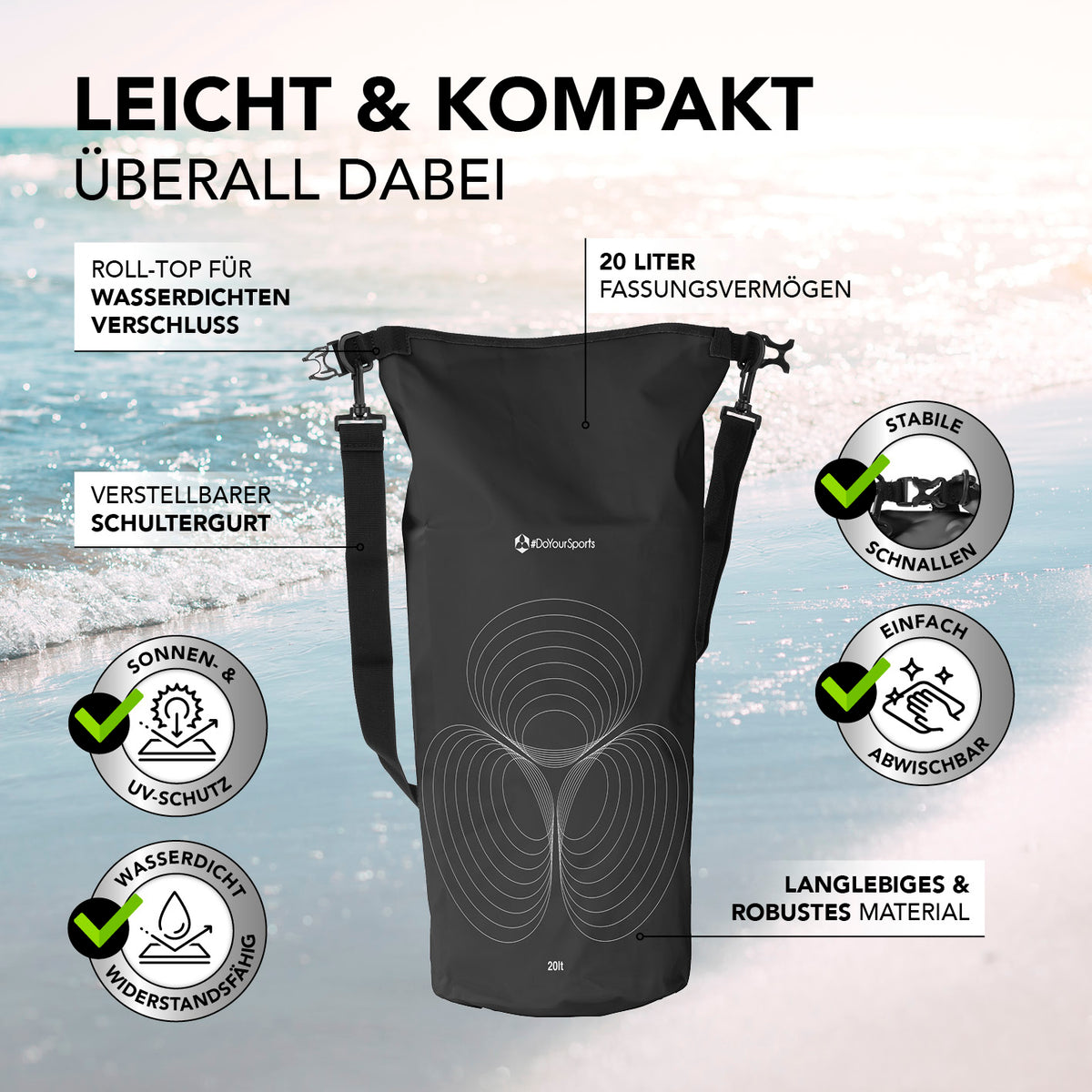 Dry Bag 20L - Schwarz, wasserdichter Rolltop-Rucksack mit UV-Schutz, verstellbarem Schultergurt und robustem Material für Outdoor-Abenteuer.