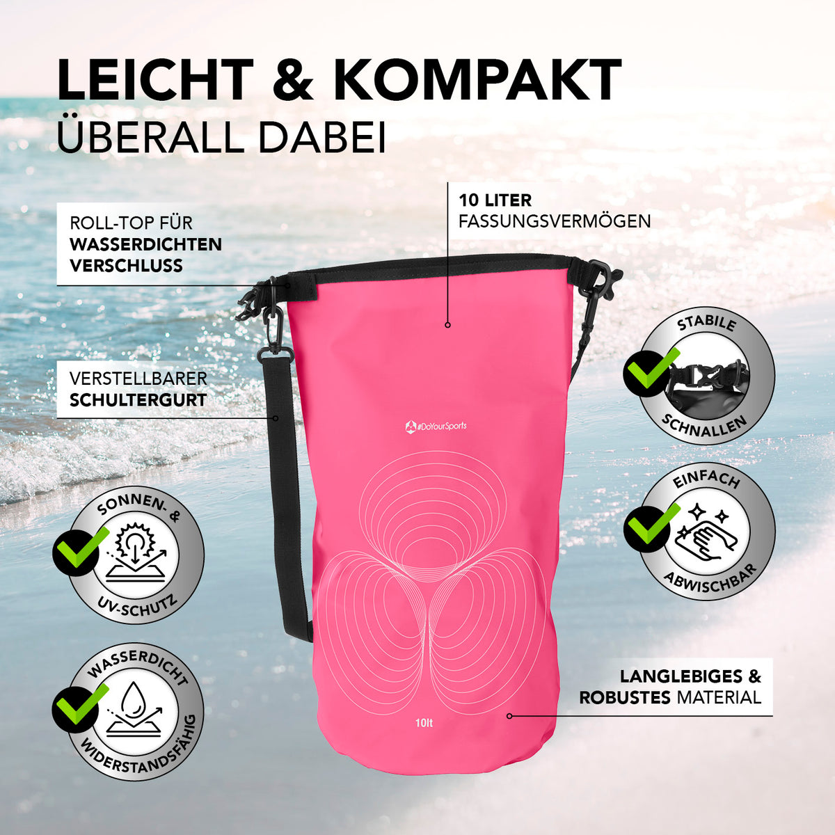 Dry Bag 10L - Pink mit wasserdichtem Rolltop, verstellbarem Schultergurt, UV-Schutz und robustem, abwischbarem Material.