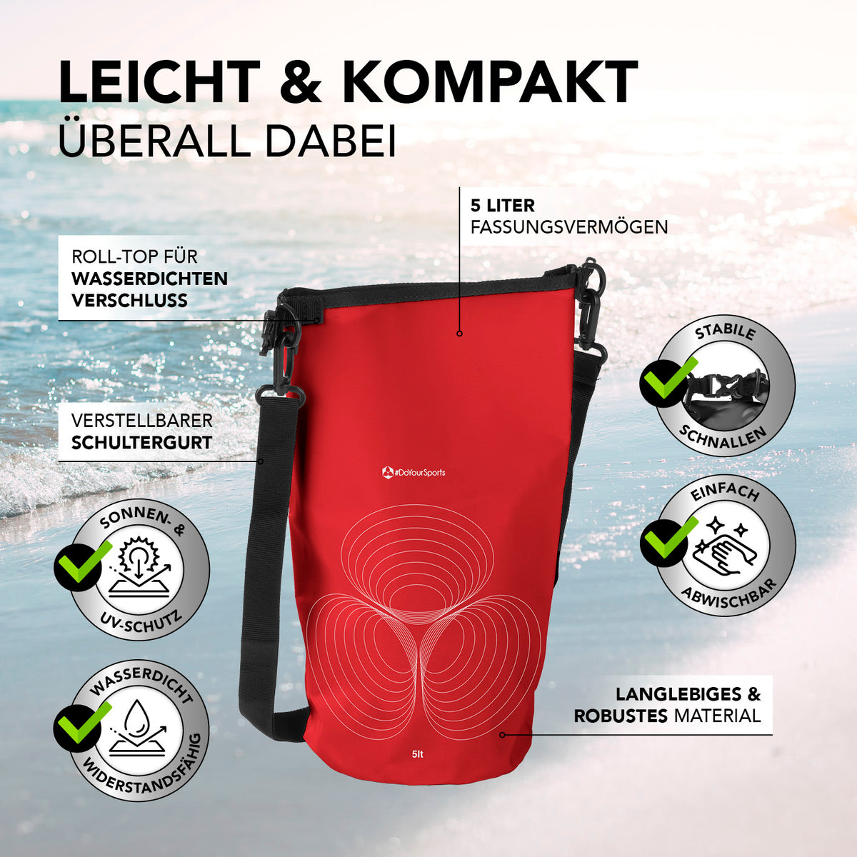 Dry Bag 5L - Rot, wasserdichter Rucksack mit Rolltop, UV-Schutz, verstellbarem Schultergurt und robustem Material für Outdoor-Abenteuer.