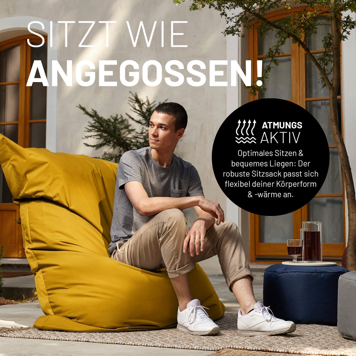 Sitzsack Classic XXL (380 L) - indoor & outdoor - Senfgelb mit atmungsaktivem Material, das sich flexibel an die Körperform anpasst.