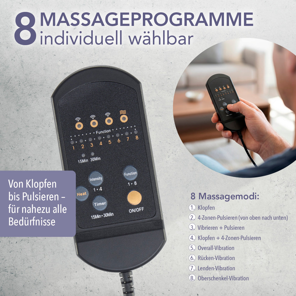 Infografik zur Massage-Sitzauflage mit zuschaltbarer Wärme mit Handsteuerung und 8 individuell wählbaren Massageprogrammen