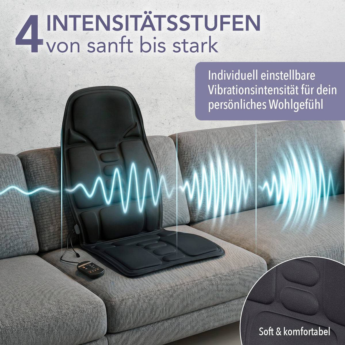 Massage-Sitzauflage mit zuschaltbarer Wärme mit 4 einstellbaren Vibrationsstufen für individuell anpassbaren Komfort