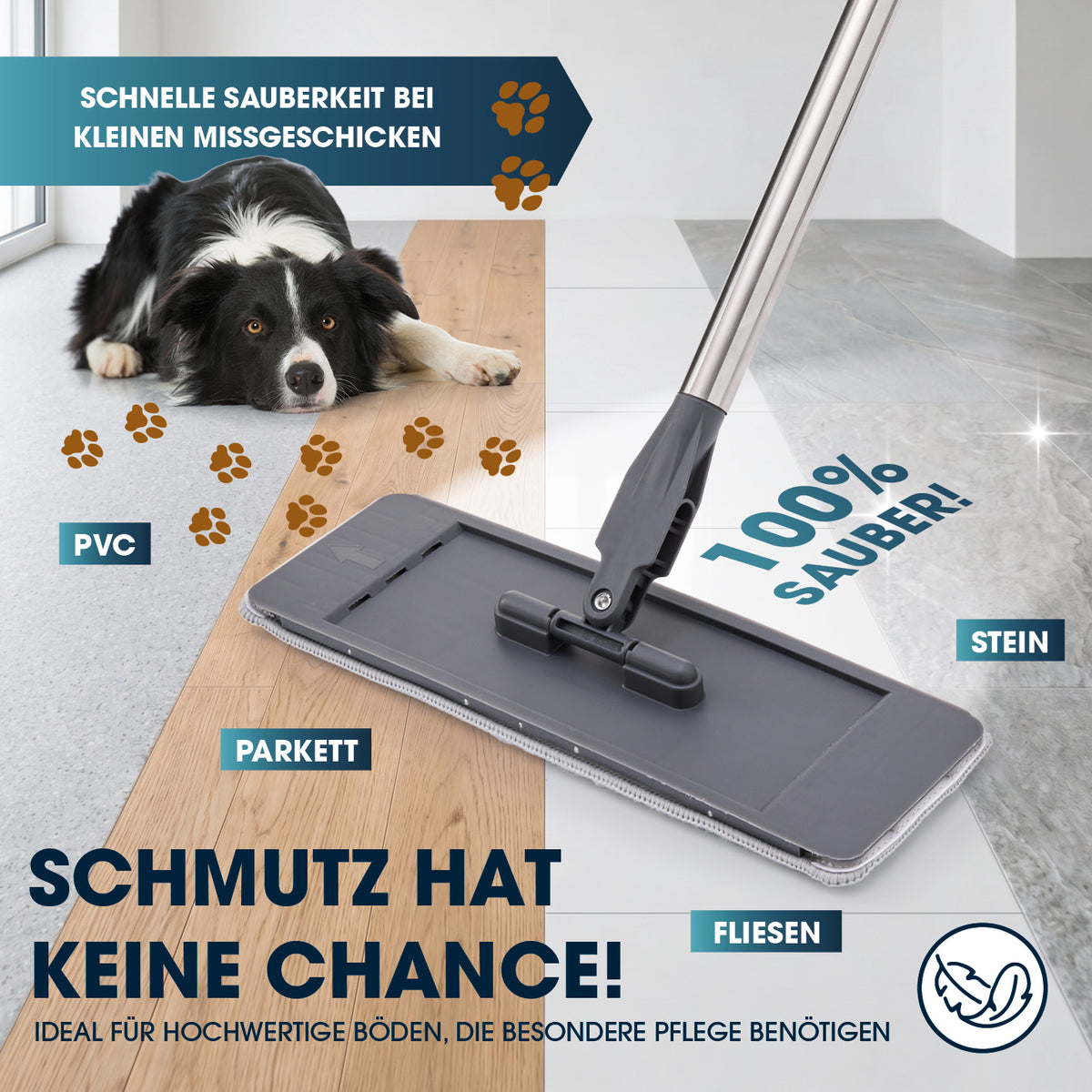 Komfort-Mopp DuoTank reinigt streifenfrei PVC, Parkett, Fliesen und Stein – ideal für schnelle Sauberkeit nach kleinen Missgeschicken.
