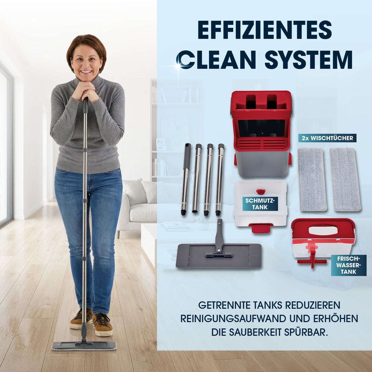 Komfort-Mopp DuoTank mit modularen Elementen, getrennten Tanks für Frisch- und Schmutzwasser und zwei waschbaren Wischtüchern für einfache Reinigung.