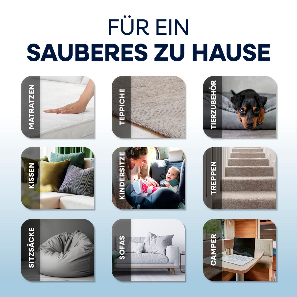 Anwendungsbereiche des Polster- & Teppichreiniger Kompakt Pro - 450 W für ein sauberes Zuhause wie Matratzen, Katzenteppiche, Haustierzubehör und Sofas.