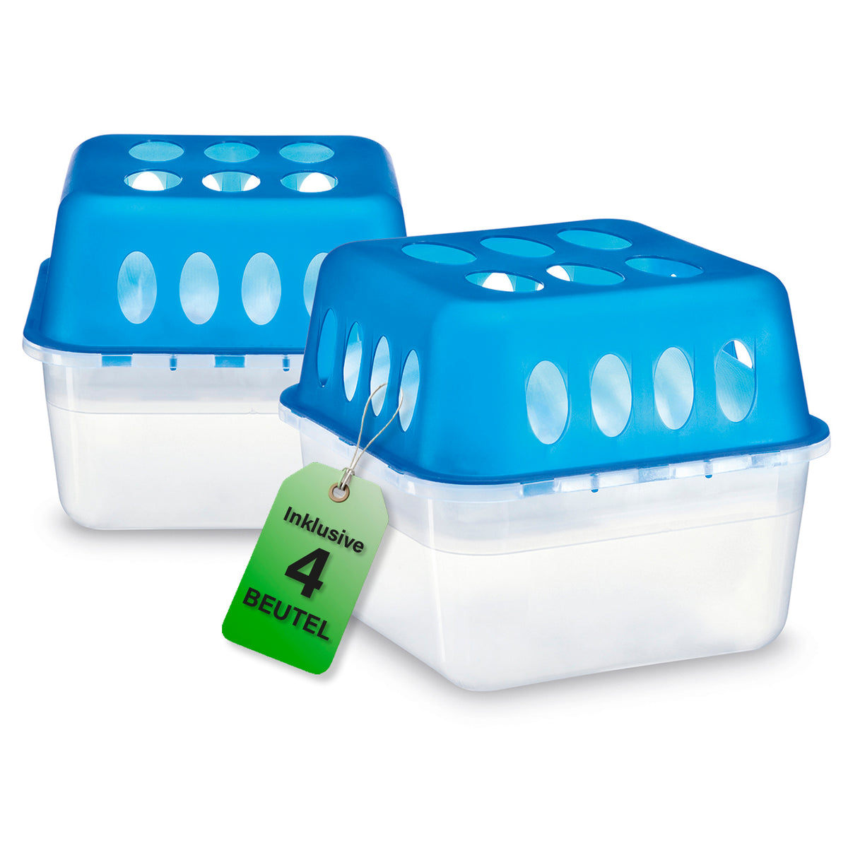 Luftentfeuchter-Set, 2 Behälter inkl. 4 Beutel mit blauen Deckeln und weißen Auffangbehältern