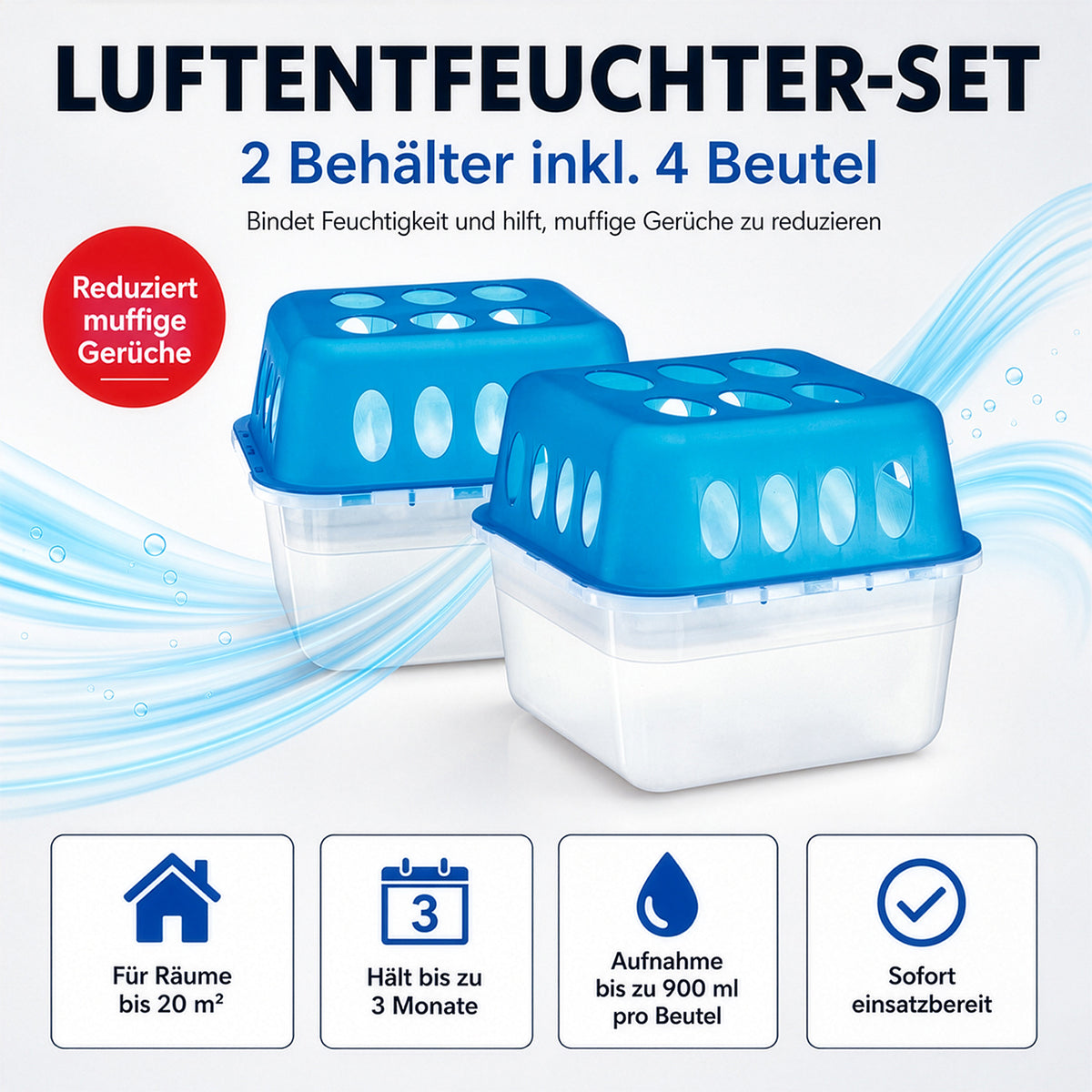 Luftentfeuchter-Set, 2 Behälter inkl. 4 Beutel mit blauem Deckel für Räume bis 20 m²