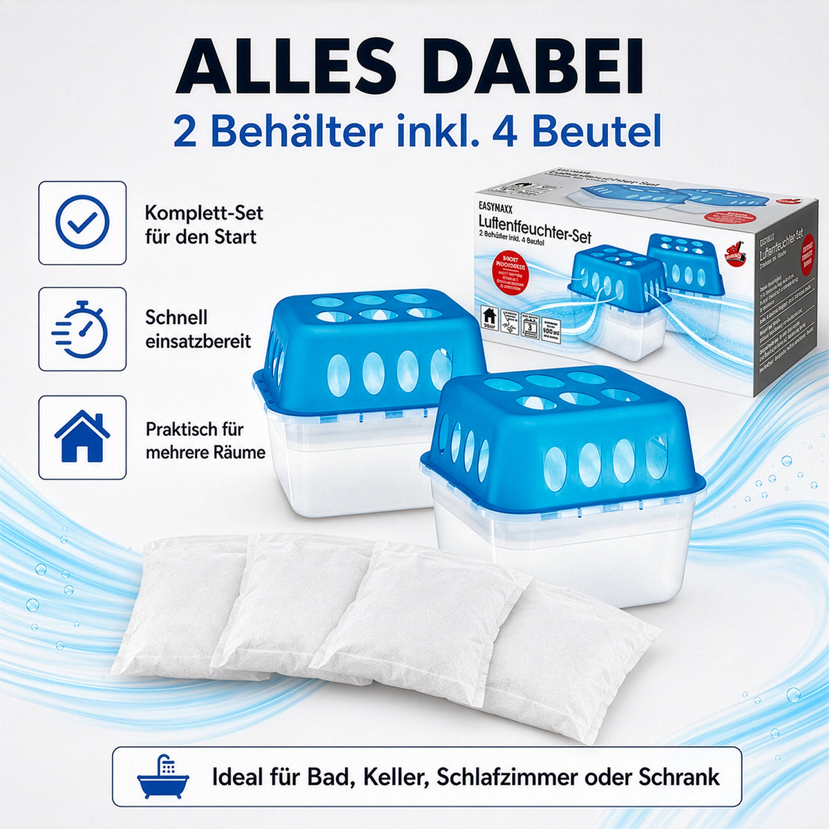Luftentfeuchter-Set, 2 Behälter inkl. 4 Beutel mit blauen Deckeln und weißen Auffangbehältern für Bad, Keller und Schlafzimmer