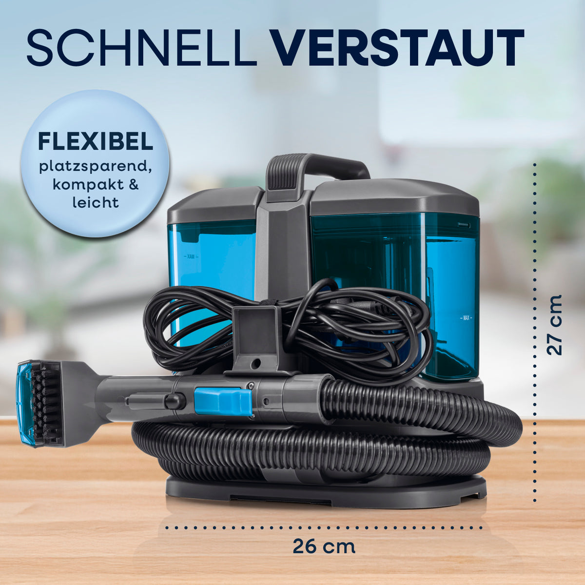Akku-Polster- & Teppichreiniger Pro inkl. Reinigungskonzentrat, kompakt und flexibel platzsparend verstaut mit Zubehör und Maßen.