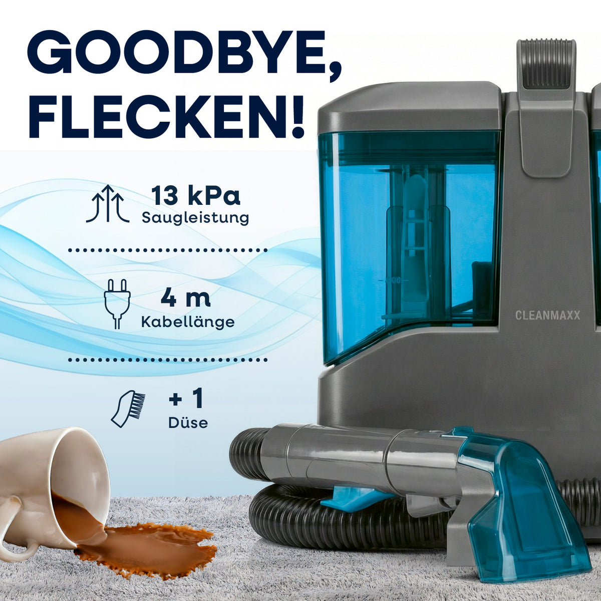 Akku-Polster- & Teppichreiniger Pro inkl. Reinigungskonzentrat mit 13 kPa Saugleistung, 4 m Kabel und zusätzlicher Düse gegen Flecken.