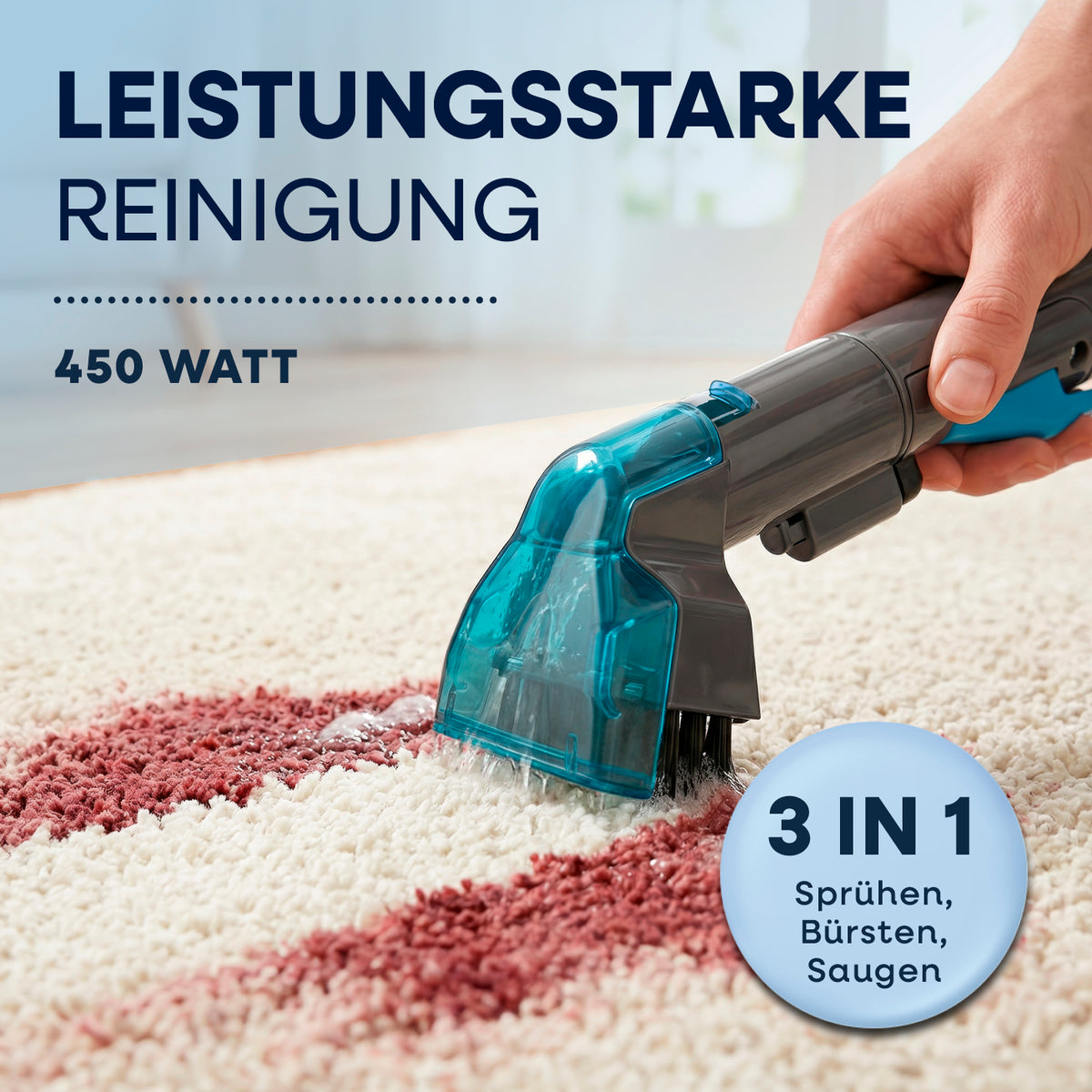 Akku-Polster- & Teppichreiniger Pro inkl. Reinigungskonzentrat bei 450 Watt Leistung, 3-in-1 Funktion: Sprühen, Bürsten und Saugen.