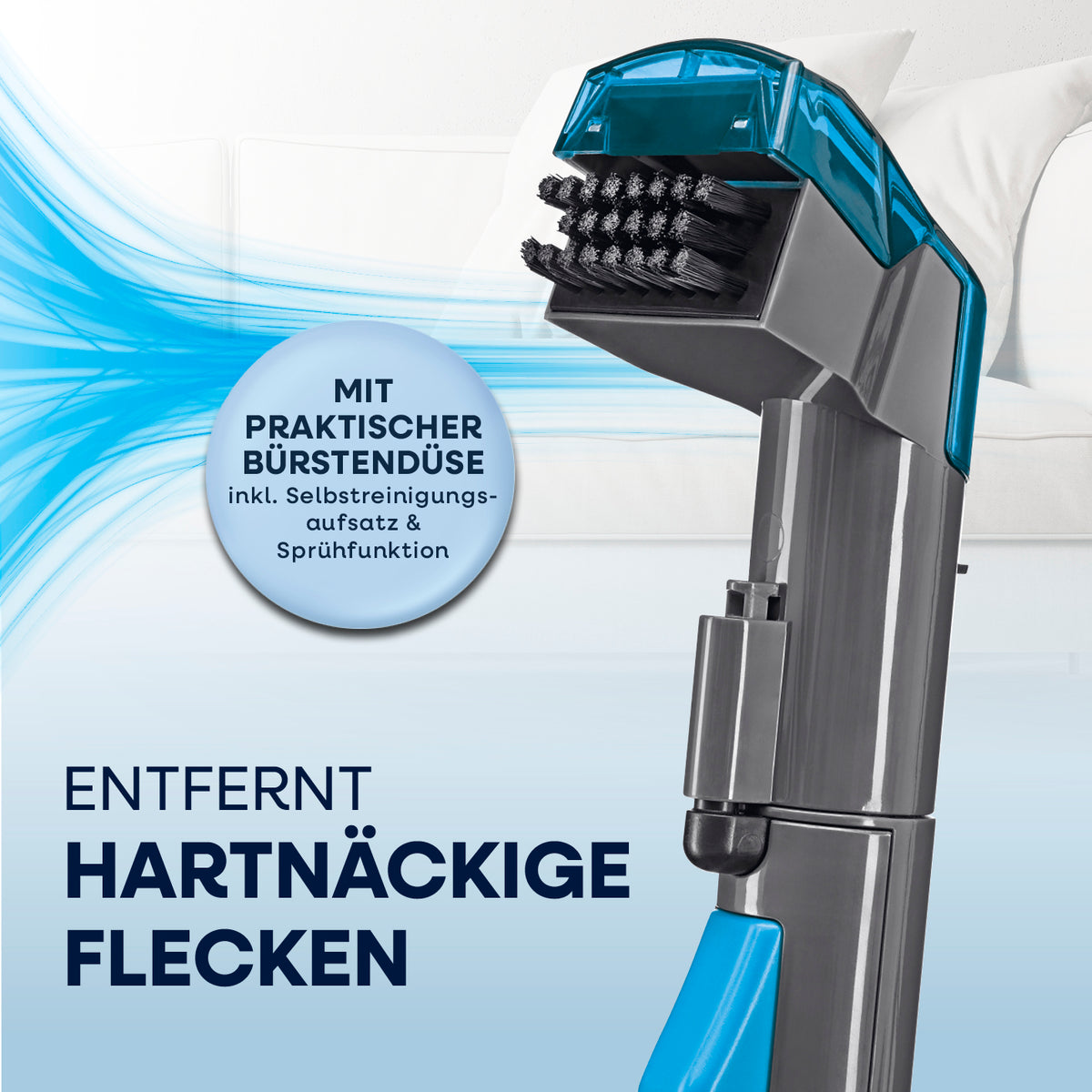 Akku-Polster- & Teppichreiniger Pro inkl. Reinigungskonzentrat mit praktischer Bürstendüse und Sprühfunktion zur Entfernung hartnäckiger Flecken.