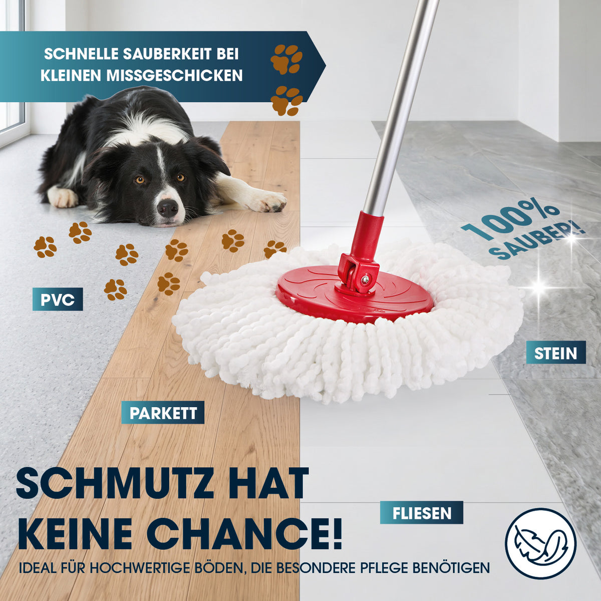 Power-Wischmopp - Zwei-Kammer-Filtersystem - rot/grau für hygienisches Reinigen von PVC, Parkett, Fliesen und Stein mit schnellem Sauberkeitsergebnis.