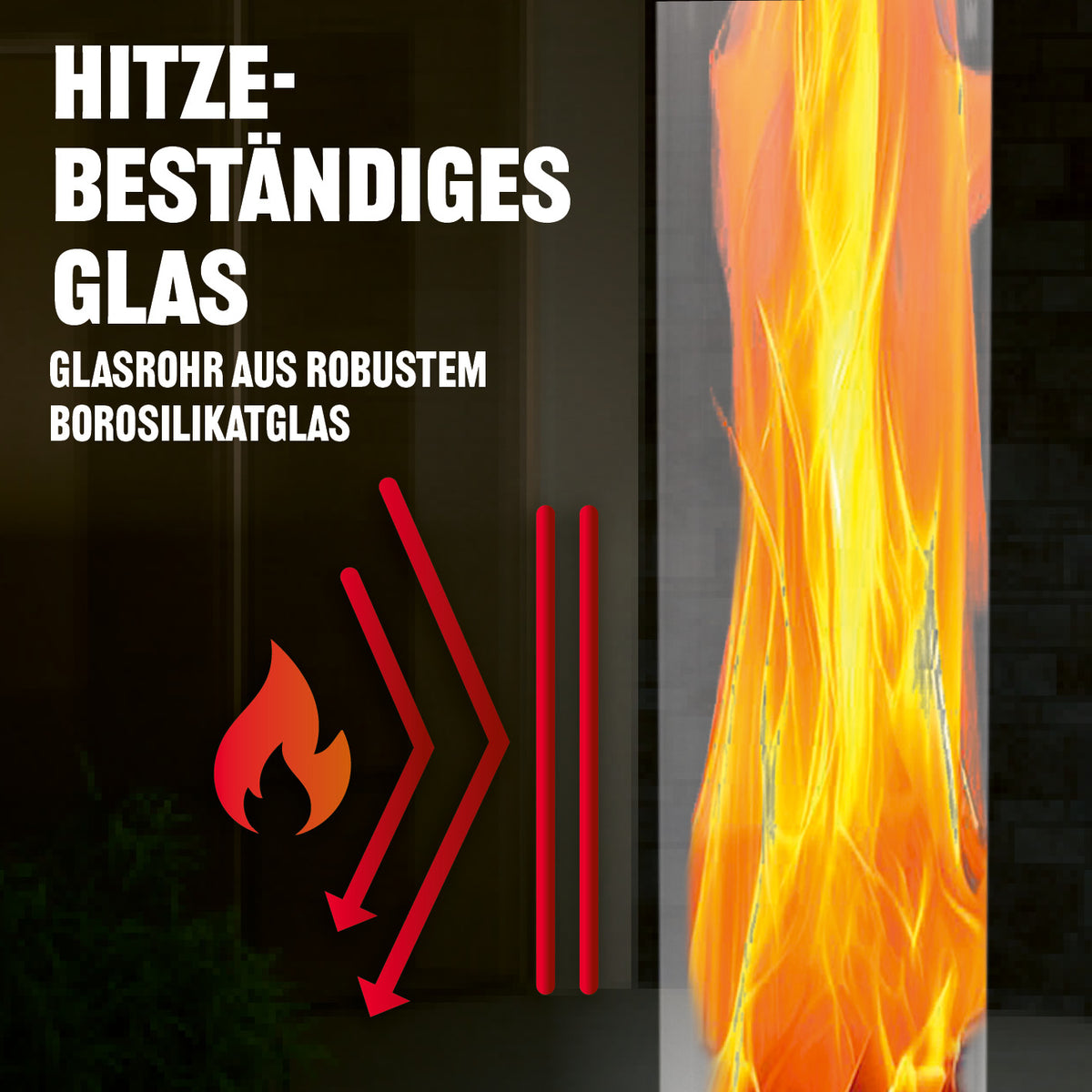 Tisch-Pellet-Fackel mit hitzebeständigem Borosilikatglasrohr und sichtbarer Flamme