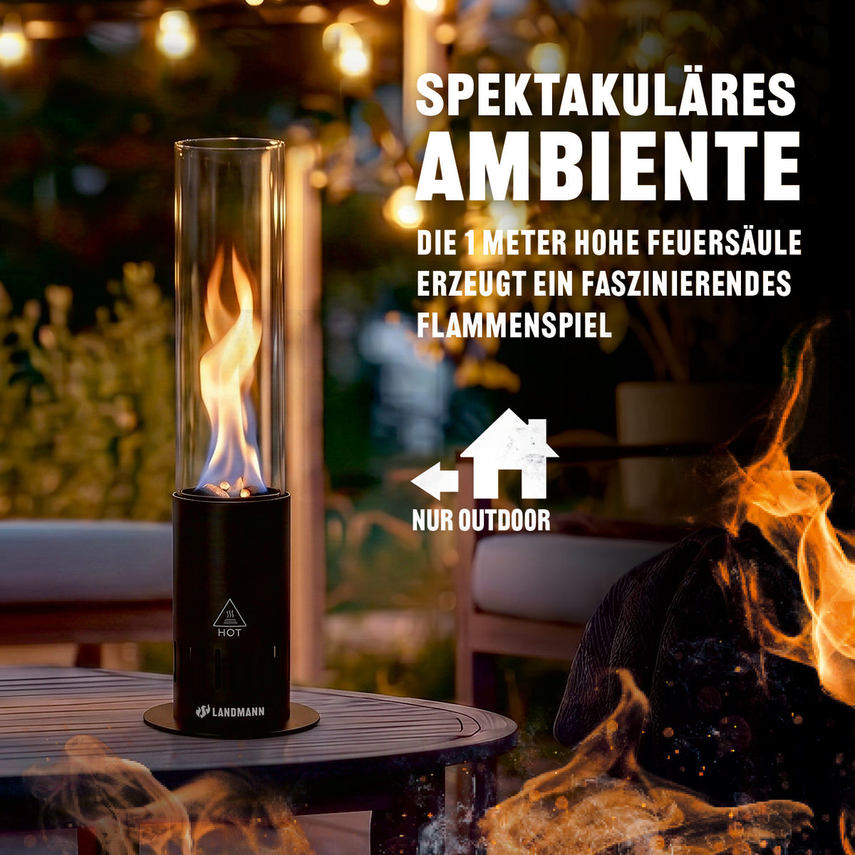 Tisch-Pellet-Fackel mit Glaszylinder und Flamme auf Gartentisch für stimmungsvolles Ambiente im Außenbereich
