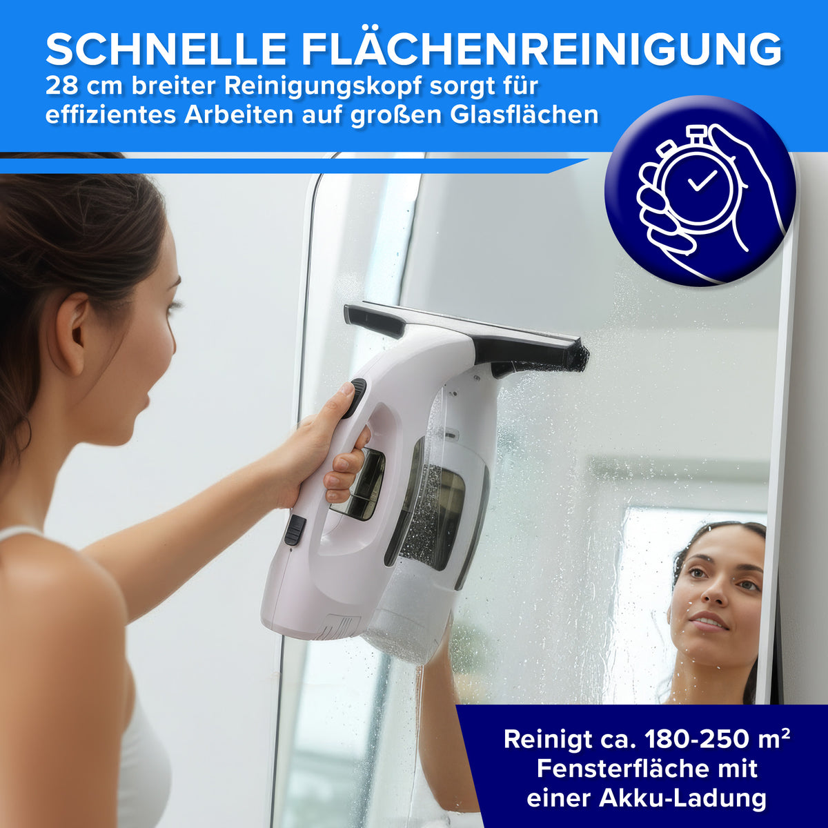 Akku-Fensterreiniger - Weiß-Schwarz mit 28 cm breitem Reinigungskopf für schnelles und effizientes Putzen großer Glasflächen