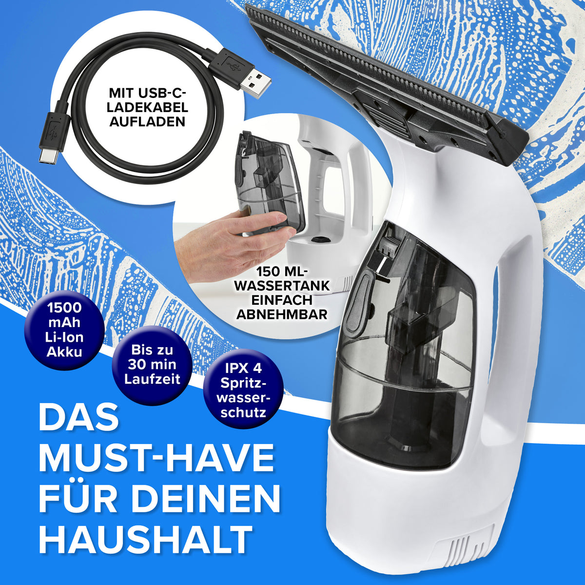 Akku-Fensterreiniger - Weiß-Schwarz mit USB-C Ladekabel, 150 ml abnehmbarem Wassertank und 30 Minuten Laufzeit für effizientes Putzen.