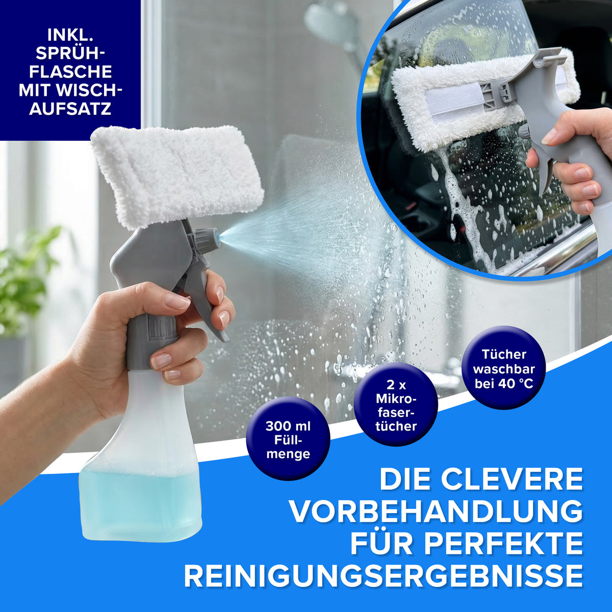 Akku-Fensterreiniger - Weiß-Schwarz mit Sprühflasche und Mikrofaser-Wischtuch für effektive Vorbehandlung von Fenstern und Glasflächen