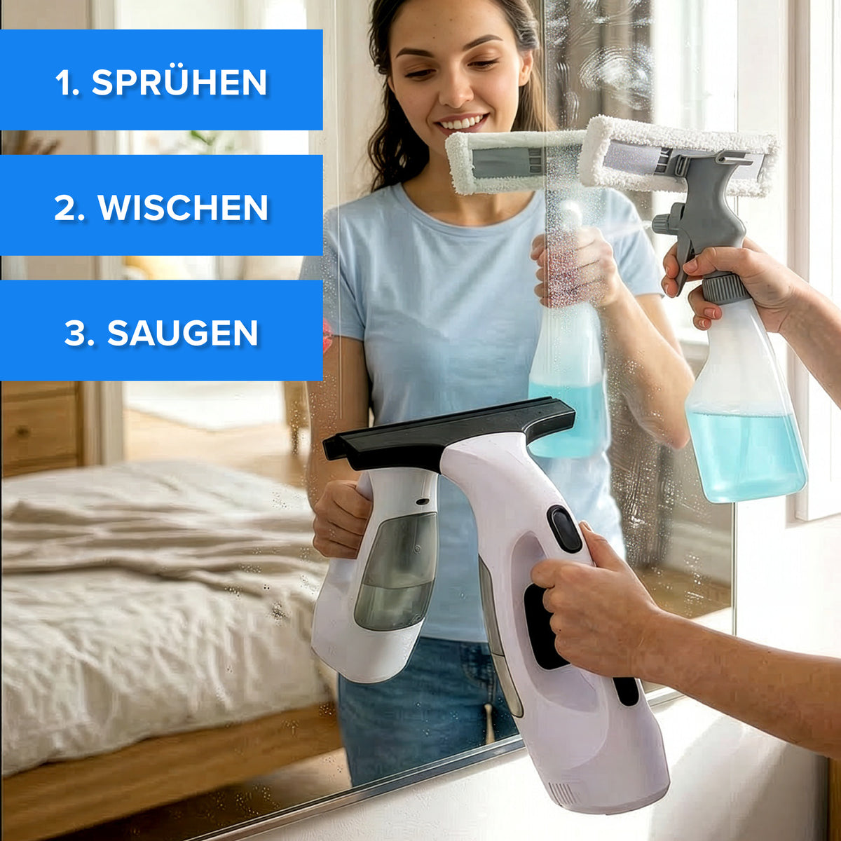 Akku-Fensterreiniger - Weiß-Schwarz mit einfacher Sprüh-, Wisch- und Saugfunktion für müheloses Reinigen von Glasflächen.