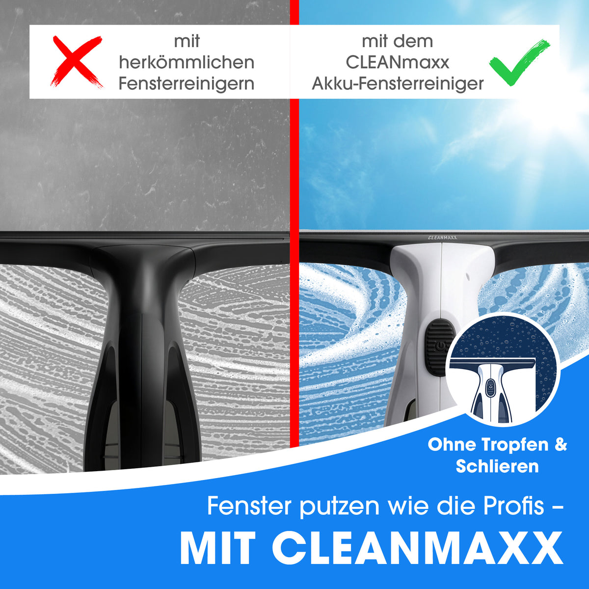 Akku-Fensterreiniger - Weiß-Schwarz zeigt streifenfreie Reinigung im Vergleich zu herkömmlichen Reinigern für klare Fenster ohne Tropfen.