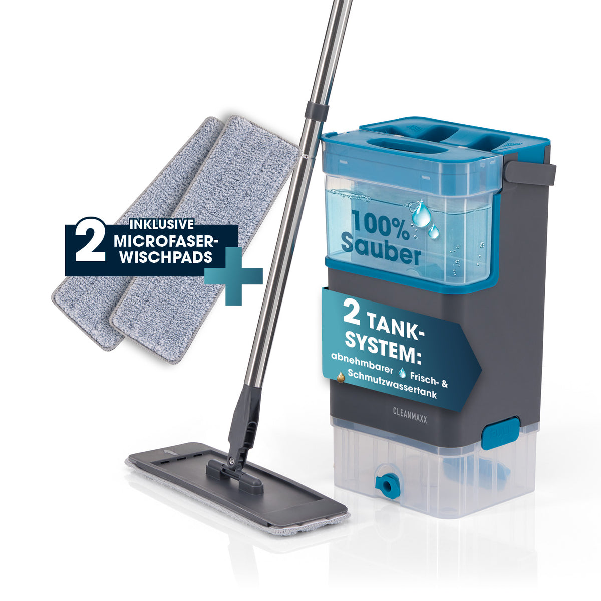 Komfort-Mopp DuoTank - grau-blau + Ersatz-Wischpad 2er-Set mit 2-Tank-System und zwei waschbaren Mikrofaserpads für hygienisches Wischen