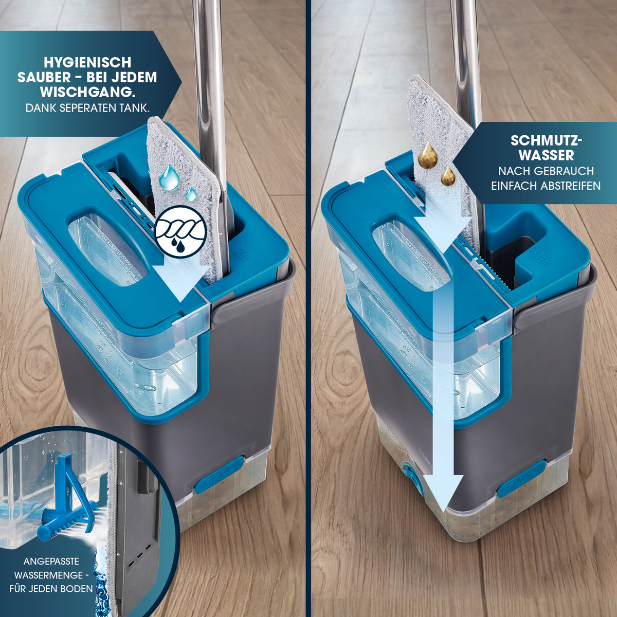 Komfort-Mopp DuoTank - grau-blau + Ersatz-Wischpad 2er-Set mit getrennten Frisch- und Schmutzwassertanks für einfache und hygienische Reinigung.