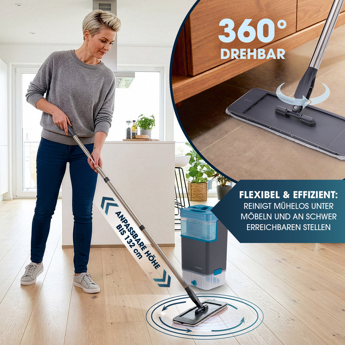 Komfort-Mopp DuoTank - grau-blau + Ersatz-Wischpad 2er-Set mit 360°-drehbarem Moppkopf und verstellbarer Höhe bis 132 cm für flexible Reinigung.