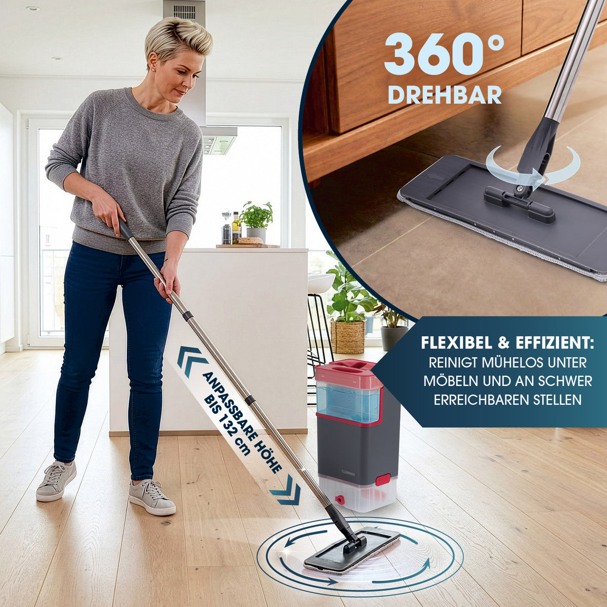 Komfort-Mopp DuoTank - grau-rot + Ersatz-Wischpad 2er-Set mit flexiblem 360°-Schwenkkopf und anpassbarer Höhe bis 132 cm für effiziente Reinigung.