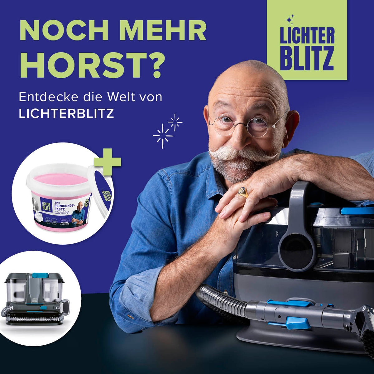 Wundertuch mit Horst Lichter neben professionellen Reinigungsgeräten und Reinigungsprodukten der Lichter Blitz Welt
