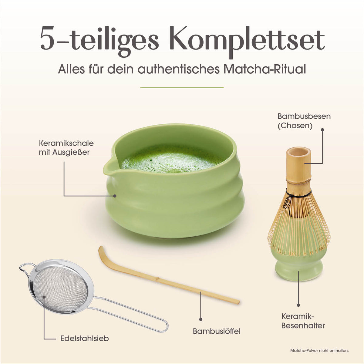 Matcha-Zubereitungsset - 5-tlg. mit Keramikschale und Ausgießer Bambusbesen Bambuslöffel Edelstahlsieb und Keramik-Besenhalter