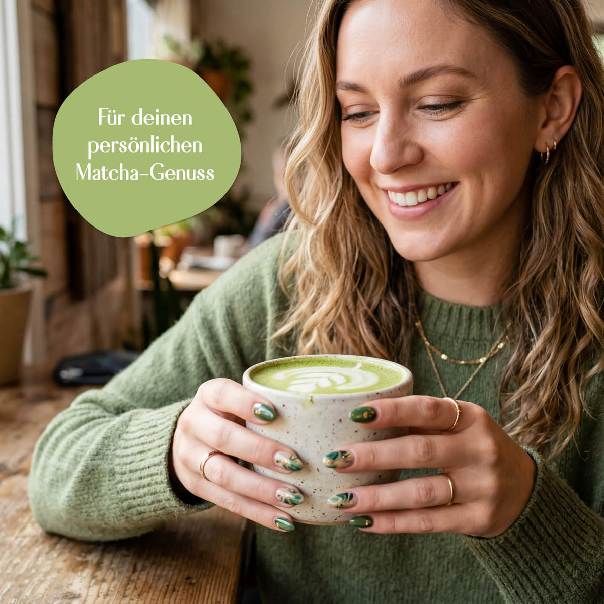 Matcha-Zubereitungsset - 5-tlg. mit Frau beim Genießen einer Schale cremigem Matcha im gemütlichen Zuhause