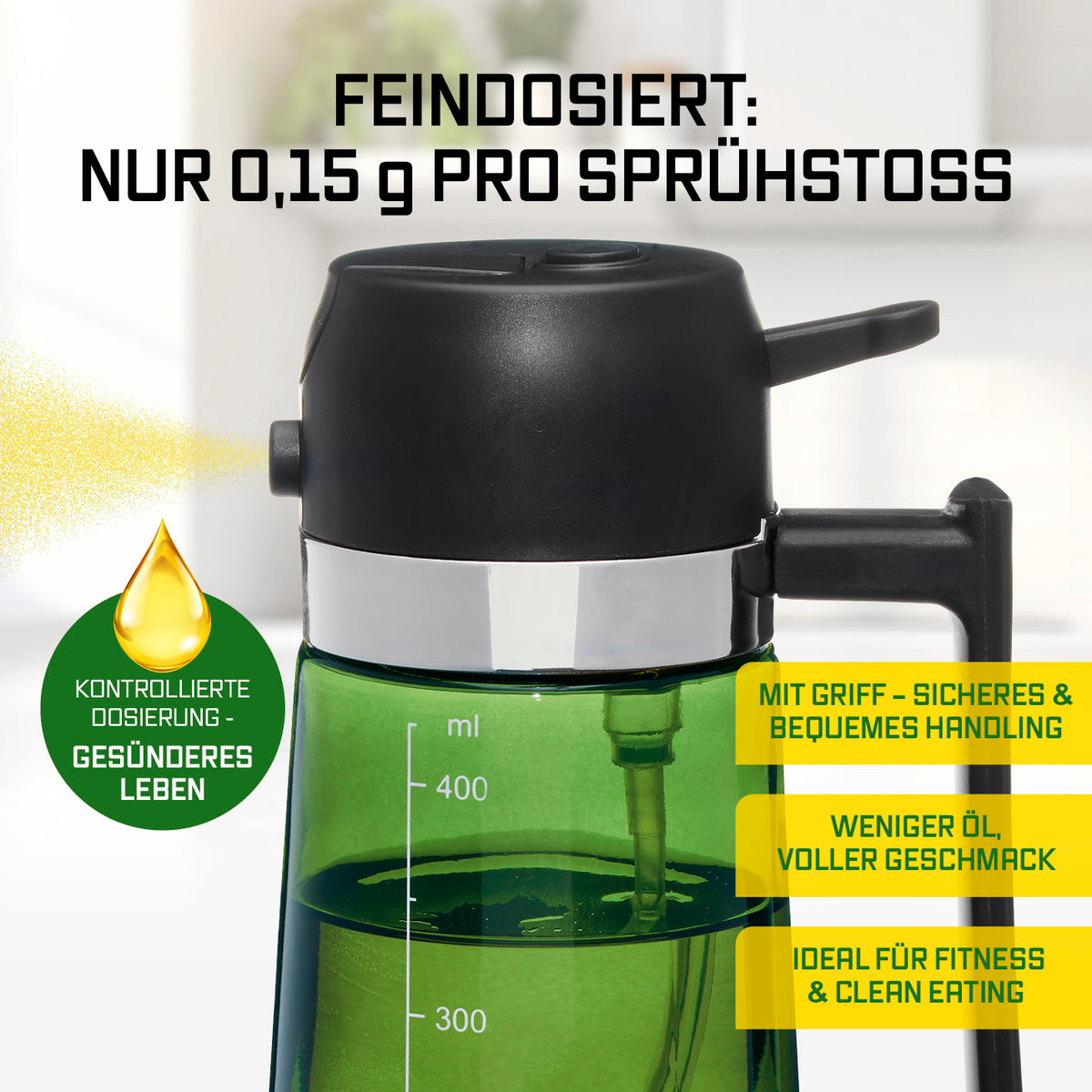 2-in-1 Ölsprüher & -spender - 2er-Set - 2 x 470 ml mit feiner Dosierung, praktischem Griff und Messskala für gesundheitsbewusstes Kochen.