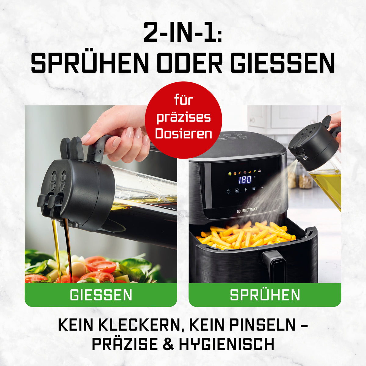 Infografik zum 2-in-1-Ölsprüher & -spender DUO: präzises Sprühen oder Gießen ohne Kleckern und Pinseln