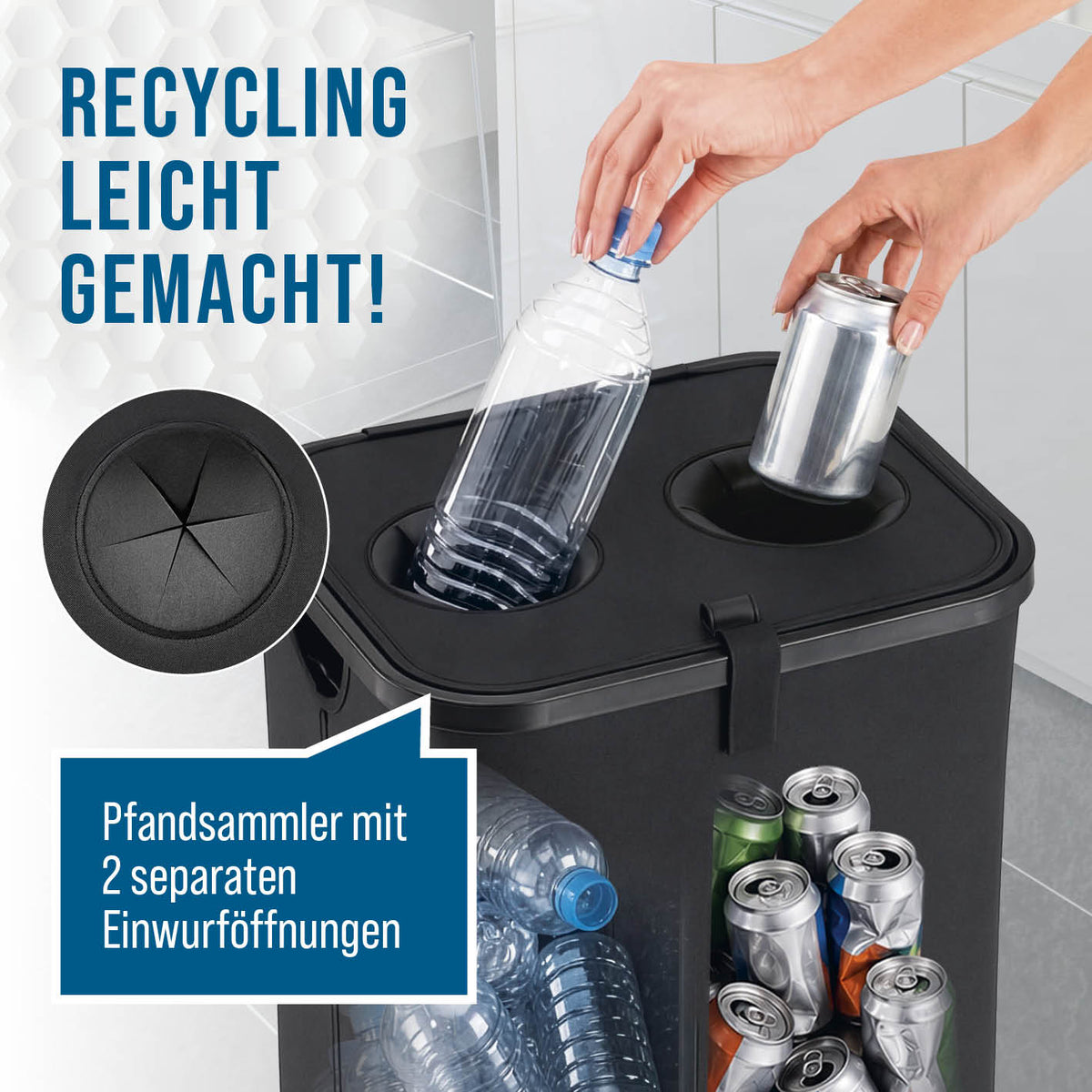Pfandflaschen-Sammelbehälter mit Doppeleinwurf in Schwarz mit zwei Einwurföffnungen für Plastikflaschen und Getränkedosen